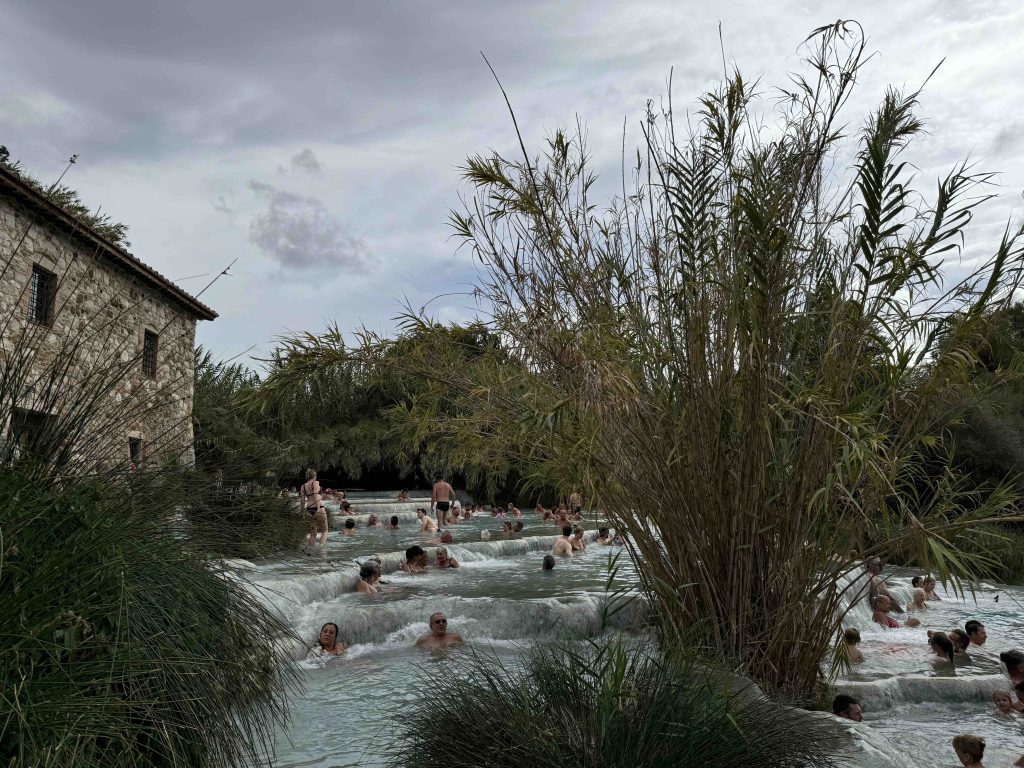 View of Saturnia Hot Springs with vegetation in foreground, water and people in background