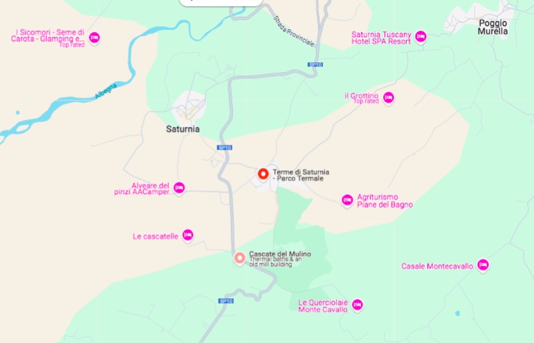 Map of Saturnia showing where Saturnia Hot Springs is located