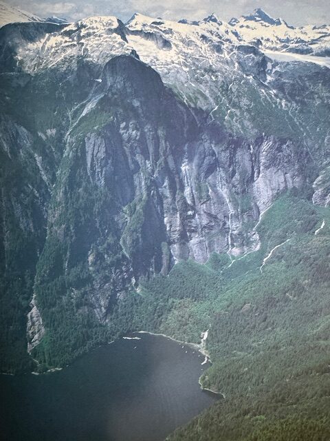 Princess Louisa Inlet view from air of Chatterbox Falls and glacier