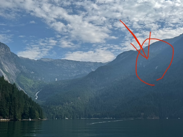 Waterfalls at end of Trappers Cabin hike, viewed from Princess Louisa Inlet